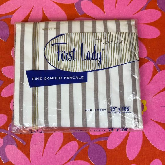 60s Vintage Striped Twin Flat Percale Sheet NIP - Picture 1 of 5